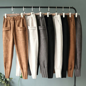 Faux Suede High Waist Pockets Harem Trousers