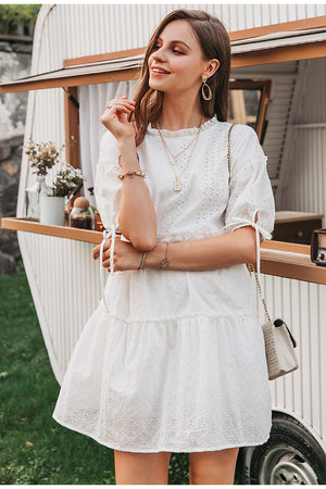 Embroidery lace up Vintage Ruffle Dress