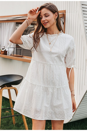 Embroidery lace up Vintage Ruffle Dress