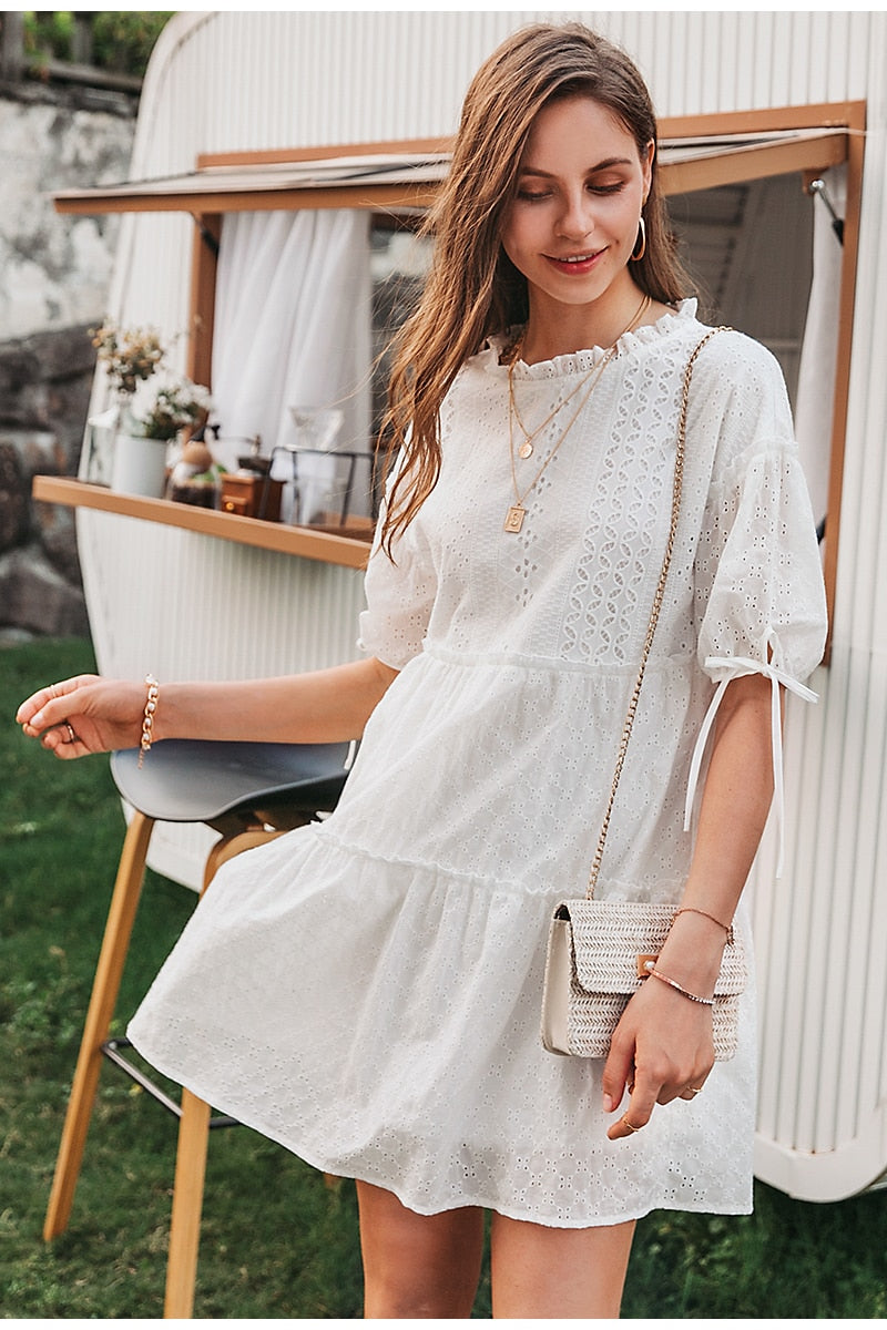 Embroidery lace up Vintage Ruffle Dress