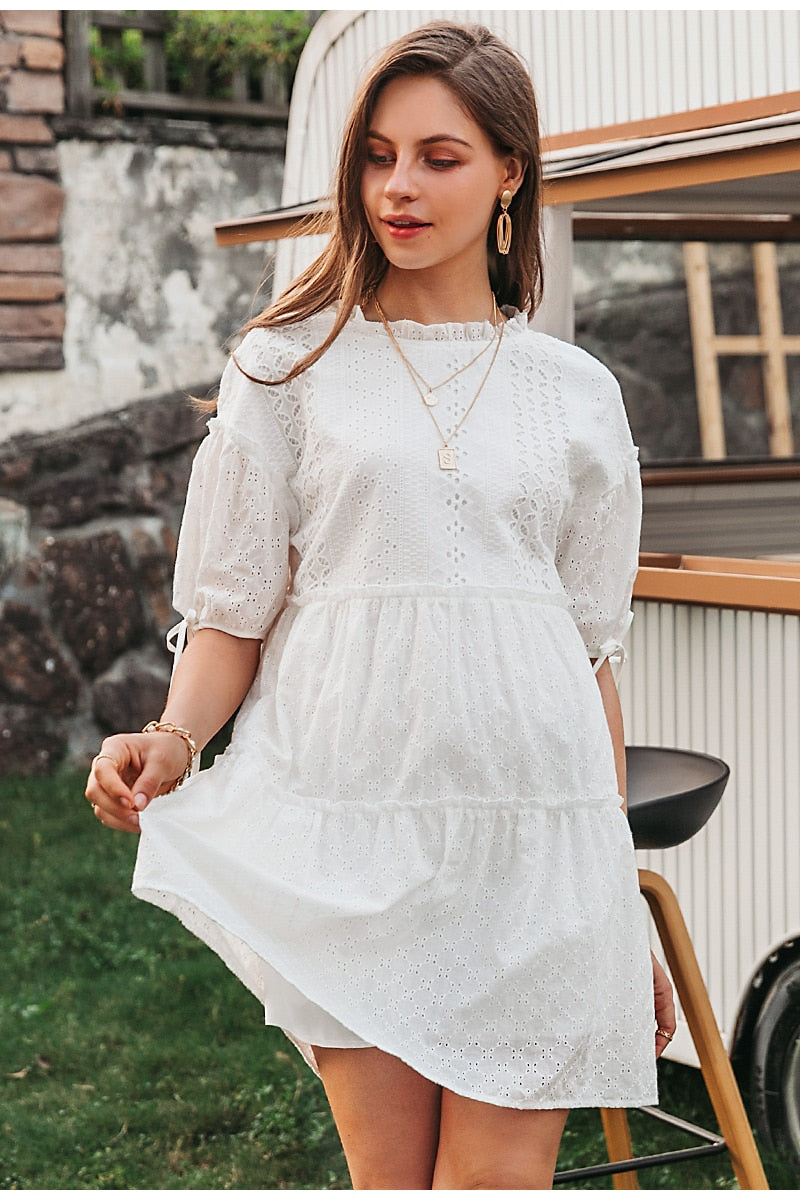 Embroidery lace up Vintage Ruffle Dress