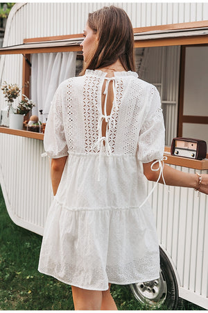 Embroidery lace up Vintage Ruffle Dress