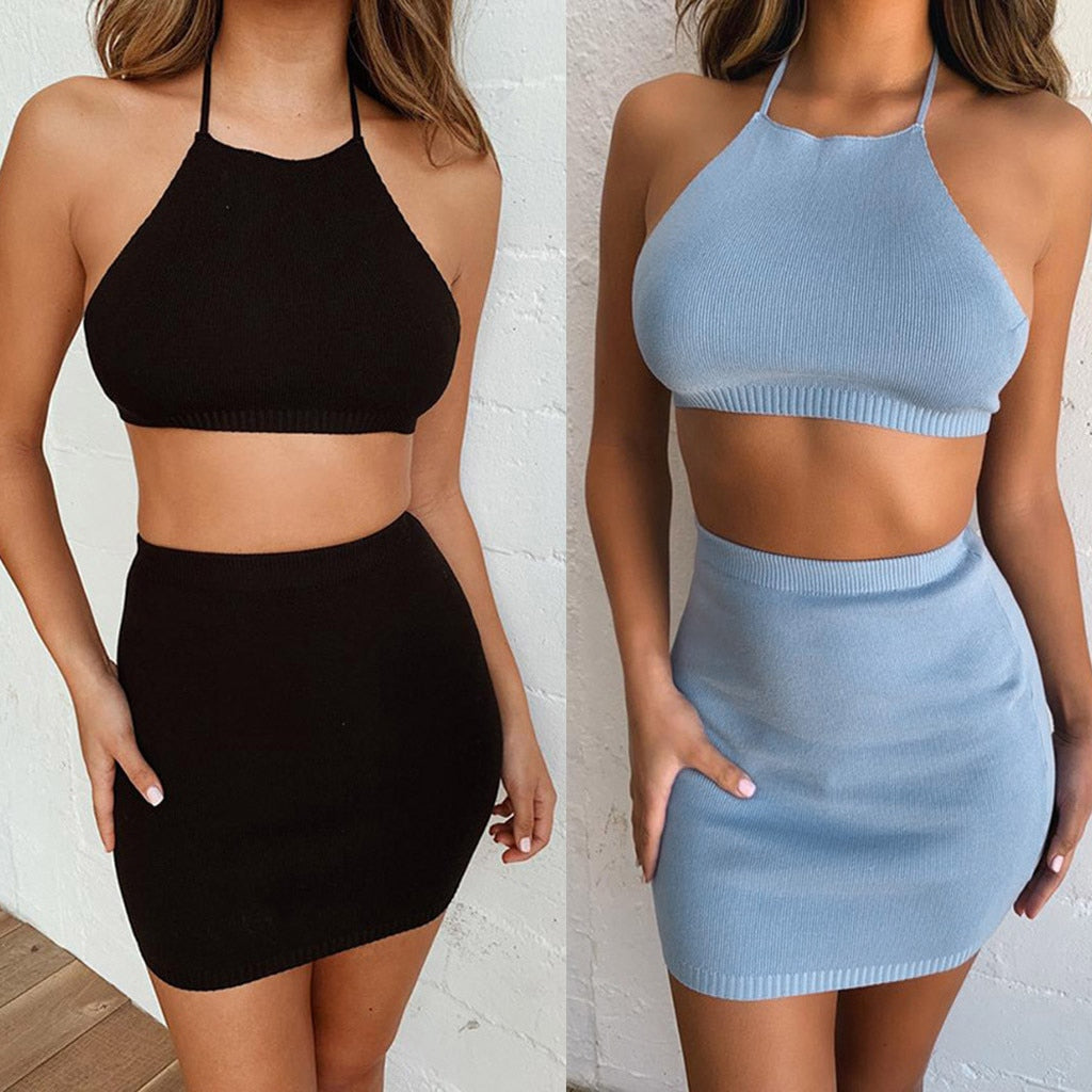 Halter Wrap & Mini Skirt Knit Set