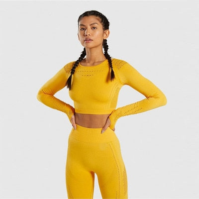 Long sleeve Crop Top Mesh Yoga Set