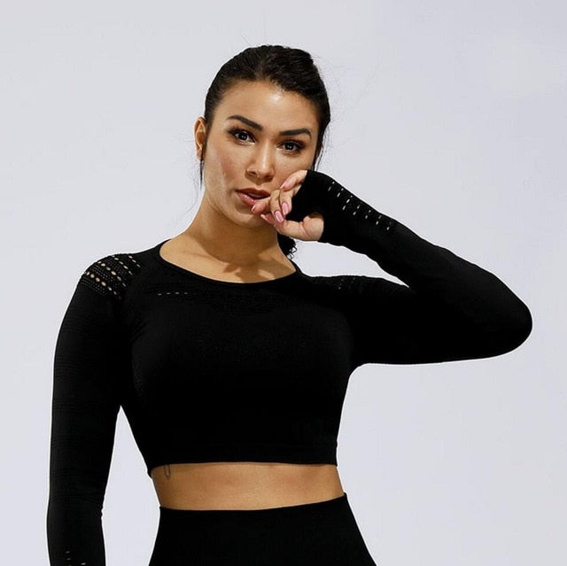 Long sleeve Crop Top Mesh Yoga Set