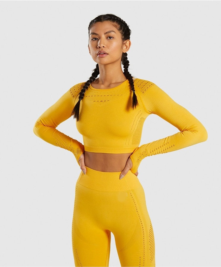 Long sleeve Crop Top Mesh Yoga Set