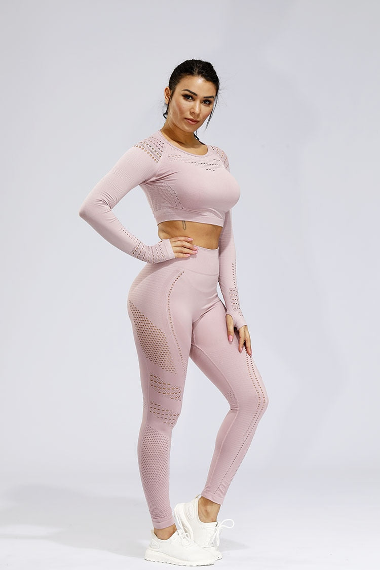 Long sleeve Crop Top Mesh Yoga Set