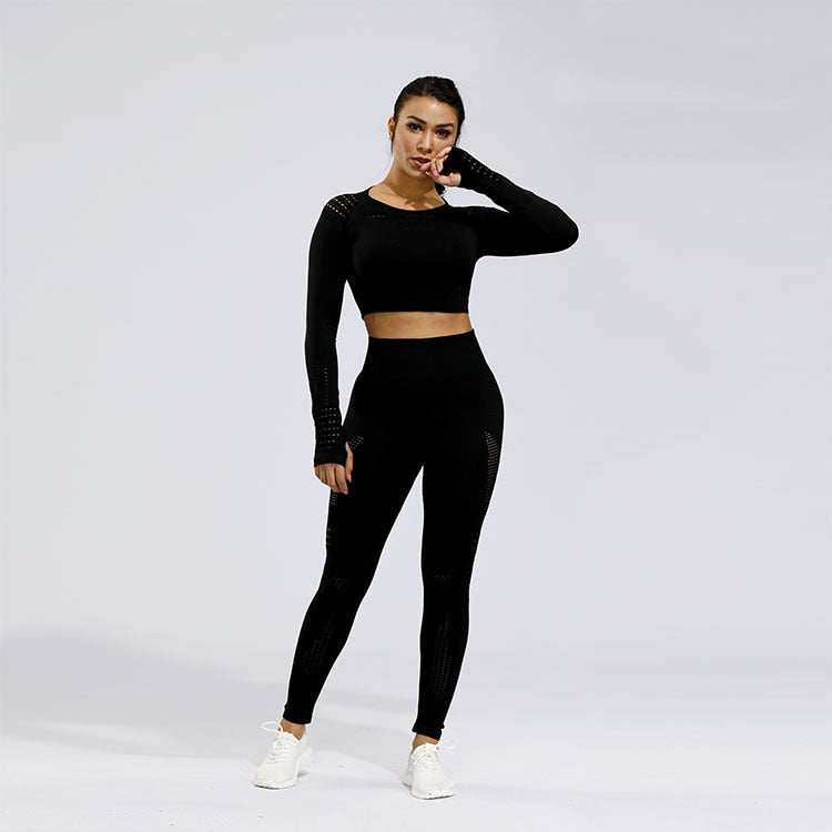 Long sleeve Crop Top Mesh Yoga Set