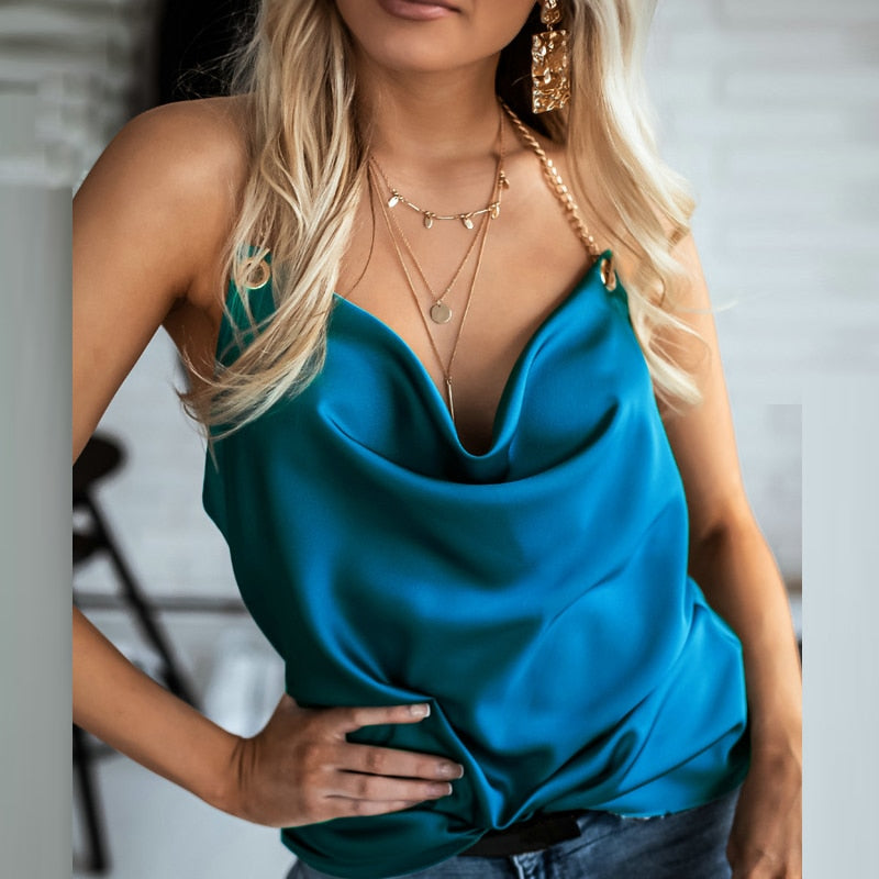 Satin Chain Halter V Neck blouse