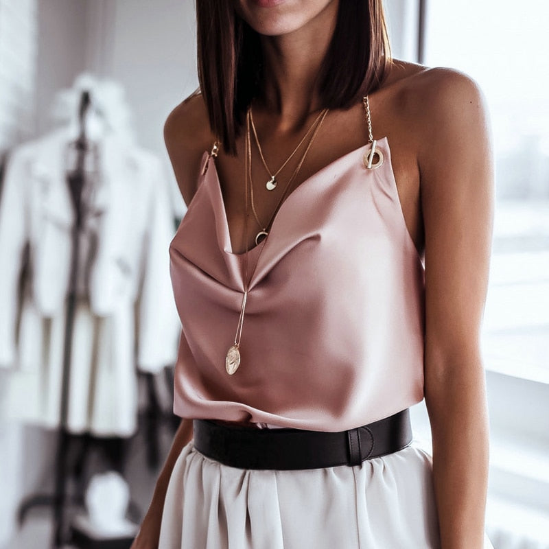 Satin Chain Halter V Neck blouse