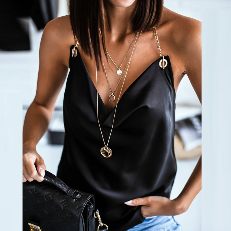 Satin Chain Halter V Neck blouse