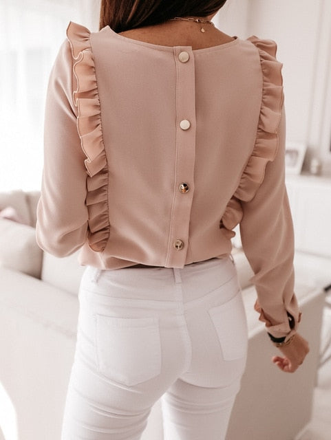 Ruffled Back Button Down Blouse