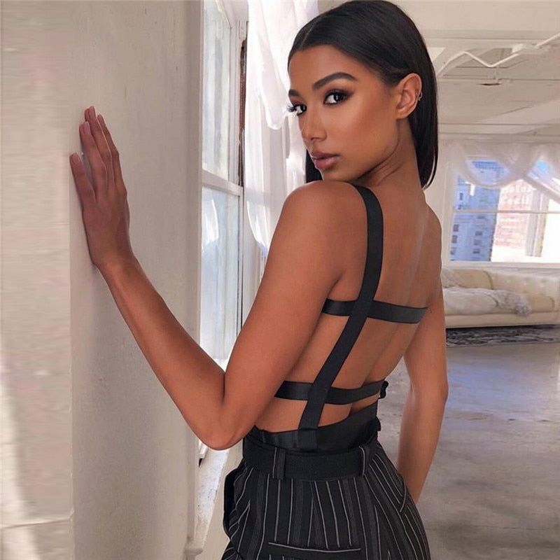 V Neck Backless Mesh Bodysuits