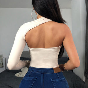 Solid One Sleeve Backless Bodysuit