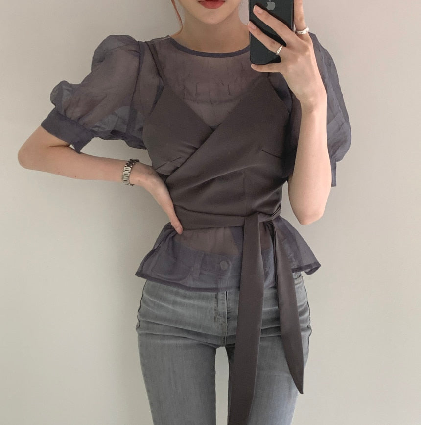 Vintage Two Piece Ruffle Sleeve Blouse