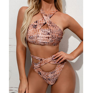 Savage Girl Two Piece Snakeskin Printed Lace Up Bathing Suit