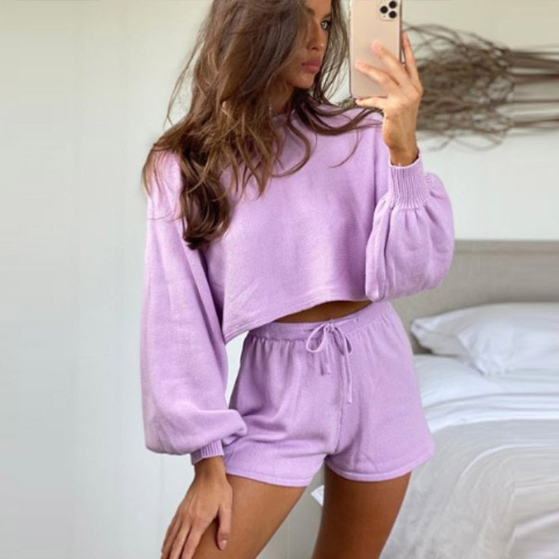 Two Piece Crop Top And Shorts Knit Set