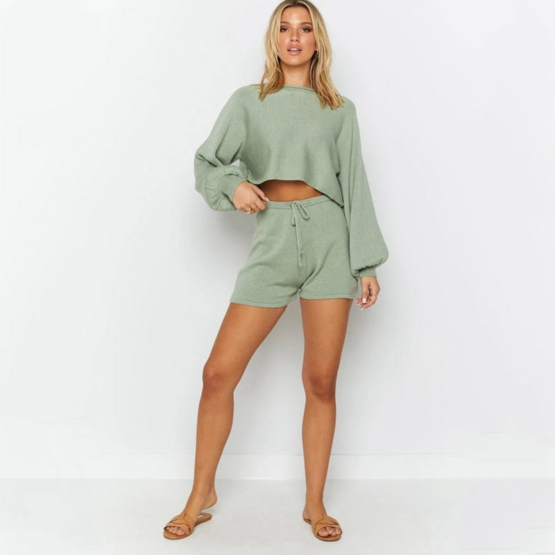 Two Piece Crop Top And Shorts Knit Set