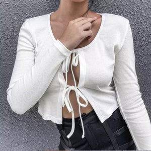 Kintted Tie-Up Crop Top Cardigan