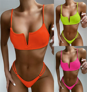 Two Piece Neon V-neck Bikini Set