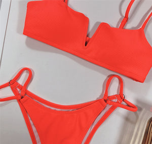 Two Piece Neon V-neck Bikini Set