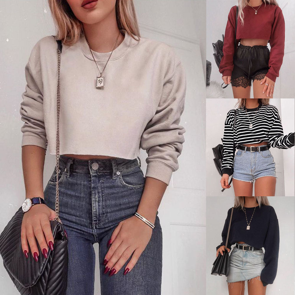 Solid Pullover Crop Top Sweatshirt