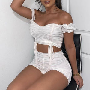 Off The Shoulder Crop Top and Ruched Short Set