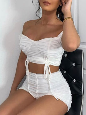 Off The Shoulder Crop Top and Ruched Short Set