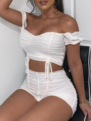 Off The Shoulder Crop Top and Ruched Short Set