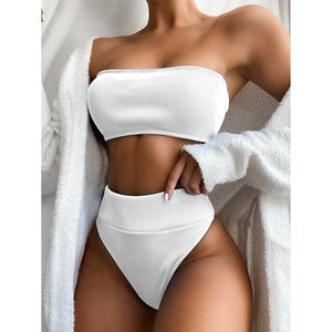 Ribbed High Waist Bandeau Bathing Suit