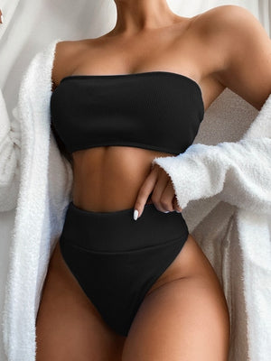 Ribbed High Waist Bandeau Bathing Suit