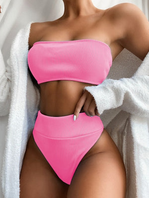 Ribbed High Waist Bandeau Bathing Suit