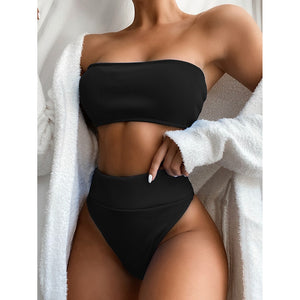 Ribbed High Waist Bandeau Bathing Suit