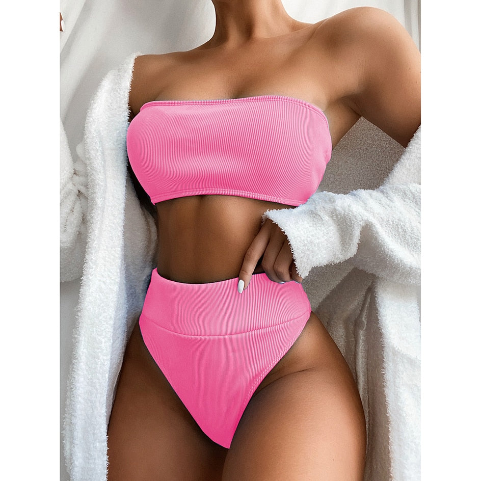 Ribbed High Waist Bandeau Bathing Suit