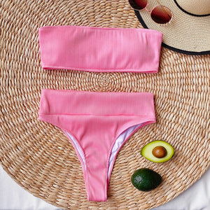 Ribbed High Waist Bandeau Bathing Suit