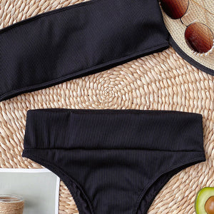 Ribbed High Waist Bandeau Bathing Suit