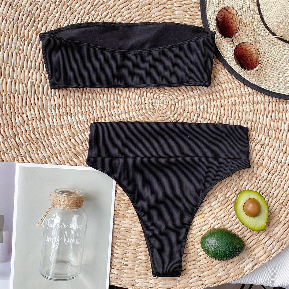 Ribbed High Waist Bandeau Bathing Suit