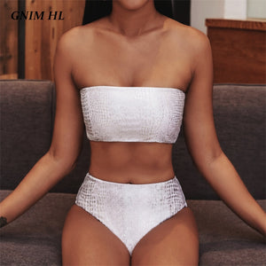 Two Piece Snake Skin High Waist Bandeau Swim Suit