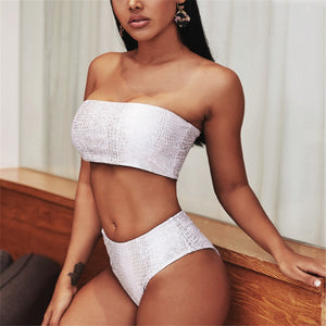 Two Piece Snake Skin High Waist Bandeau Swim Suit