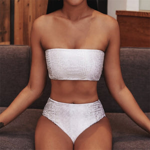 Two Piece Snake Skin High Waist Bandeau Swim Suit