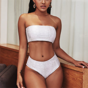 Two Piece Snake Skin High Waist Bandeau Swim Suit