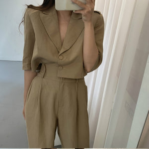 Two Piece Blazer With High Waist Wide Leg Pant Set