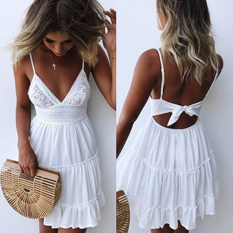 Vintage Backless Spaghetti Strap V-neck Mini Sundress