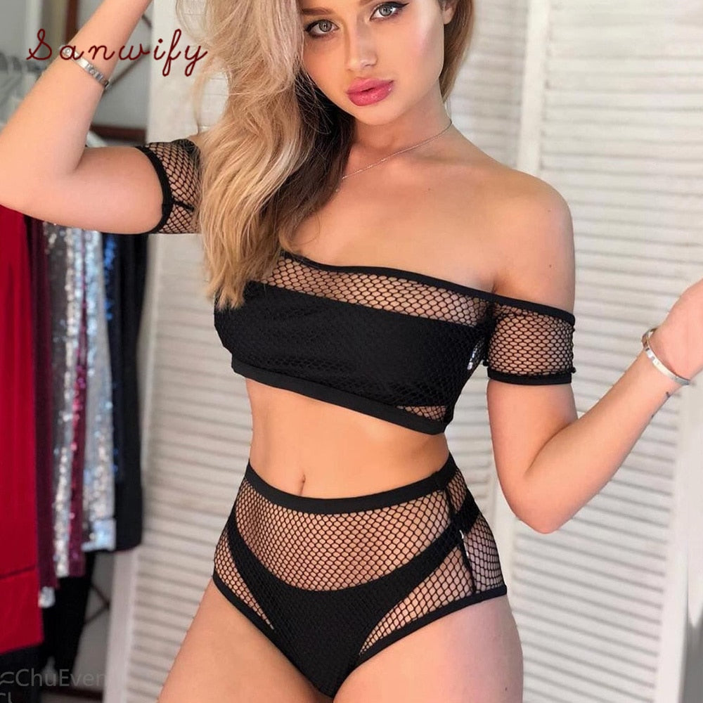 Two Piece Off Shoulder High Waist Mesh Bikini