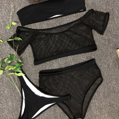 Two Piece Off Shoulder High Waist Mesh Bikini