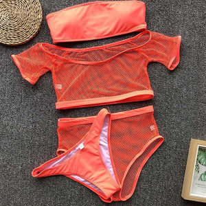 Two Piece Off Shoulder High Waist Mesh Bikini