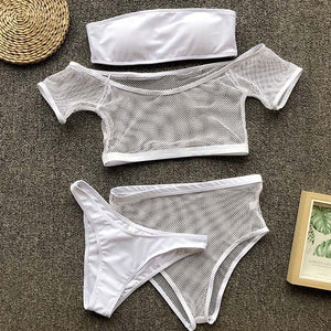 Two Piece Off Shoulder High Waist Mesh Bikini