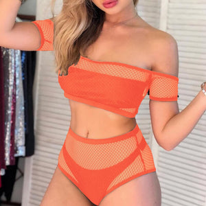 Two Piece Off Shoulder High Waist Mesh Bikini