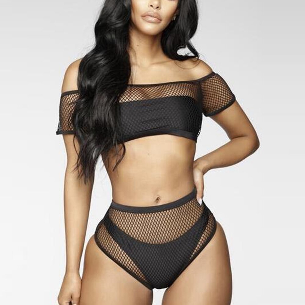 Two Piece Off Shoulder High Waist Mesh Bikini