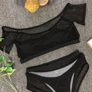 Two Piece Off Shoulder High Waist Mesh Bikini